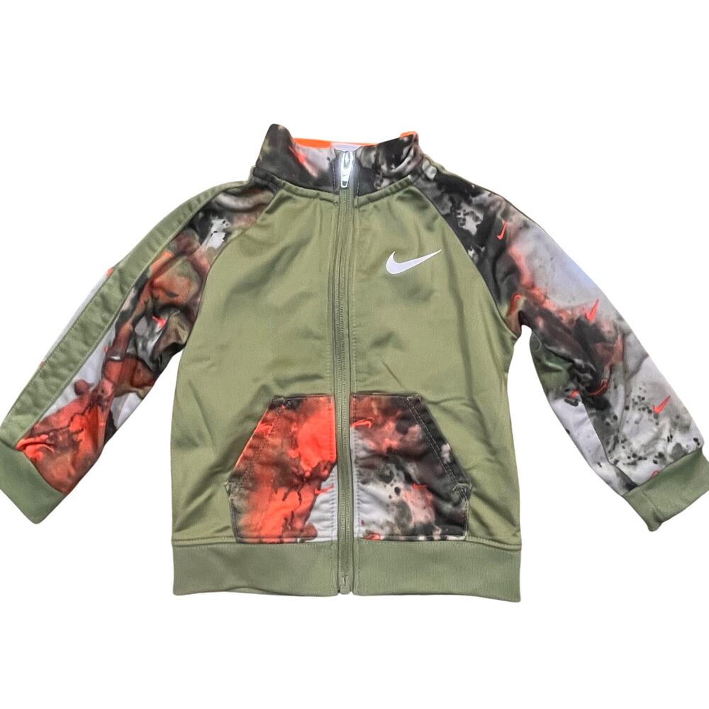 Nike Toddler Track Jacket Boy 18M Green Camo Zip Up Athletic Orange Swoosh